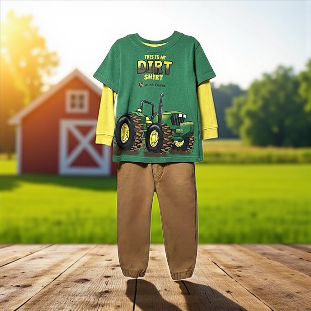 John Deere Green Tractor Shirt and Brown Pants Outfit